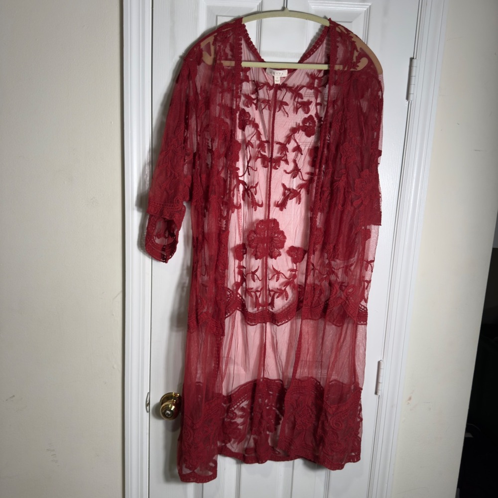 Adiva Lace Duster Cardigan – Red | Women's Large‎ | Boho Bell Sleeve Maxi